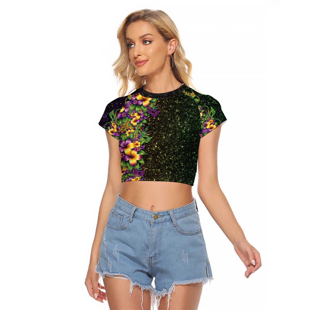 Hawaii Mardi Gras Raglan Cropped T Shirt Tropical Flowers Glitter Style
