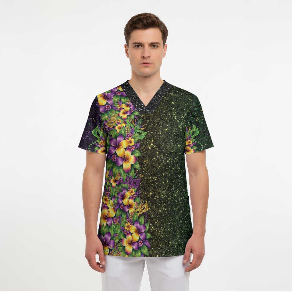 Hawaii Mardi Gras Scrub Top Tropical Flowers Glitter Style