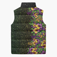 Hawaii Mardi Gras Sleeveless Puffer Jacket Tropical Flowers Glitter Style