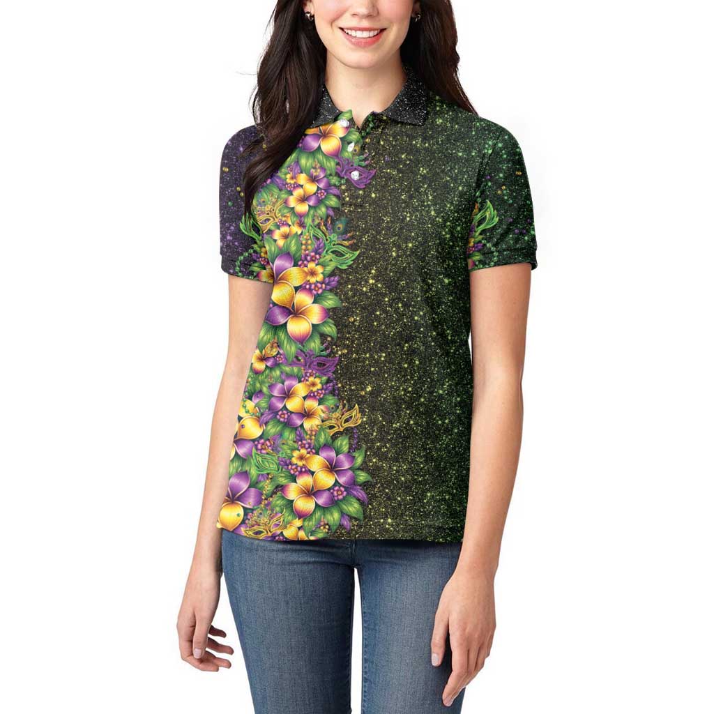 Hawaii Mardi Gras Women Polo Shirt Tropical Flowers Glitter Style