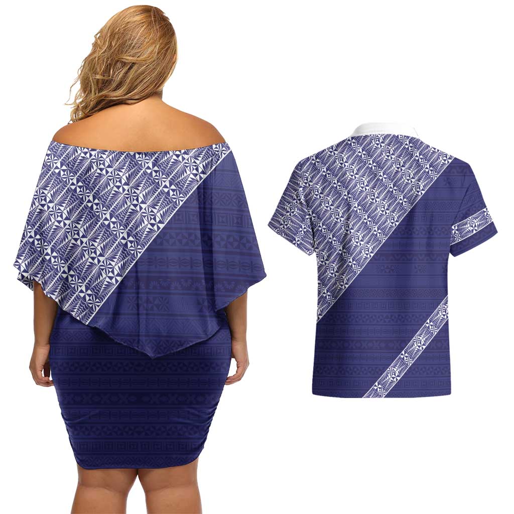 Tonga Queen Salote College Couples Matching Off Shoulder Short Dress and Hawaiian Shirt 100 Years Anniversary Navy Color