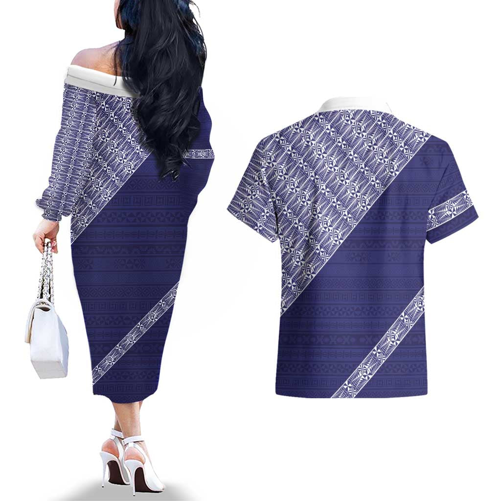 Tonga Queen Salote College Couples Matching Off The Shoulder Long Sleeve Dress and Hawaiian Shirt 100 Years Anniversary Navy Color LT05 - Polynesian Pride