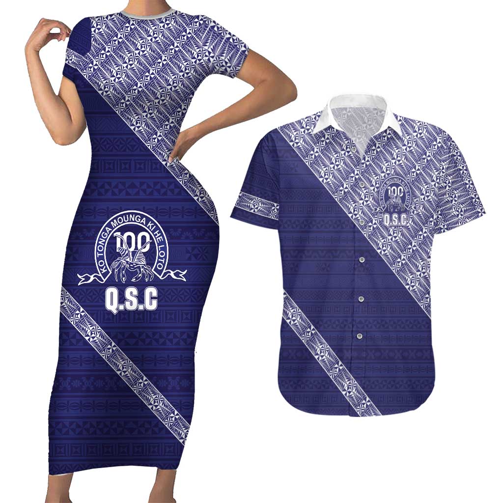 Tonga Queen Salote College Couples Matching Short Sleeve Bodycon Dress and Hawaiian Shirt 100 Years Anniversary Navy Color