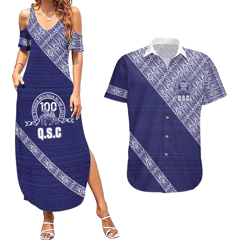 Tonga Queen Salote College Couples Matching Summer Maxi Dress and Hawaiian Shirt 100 Years Anniversary Navy Color