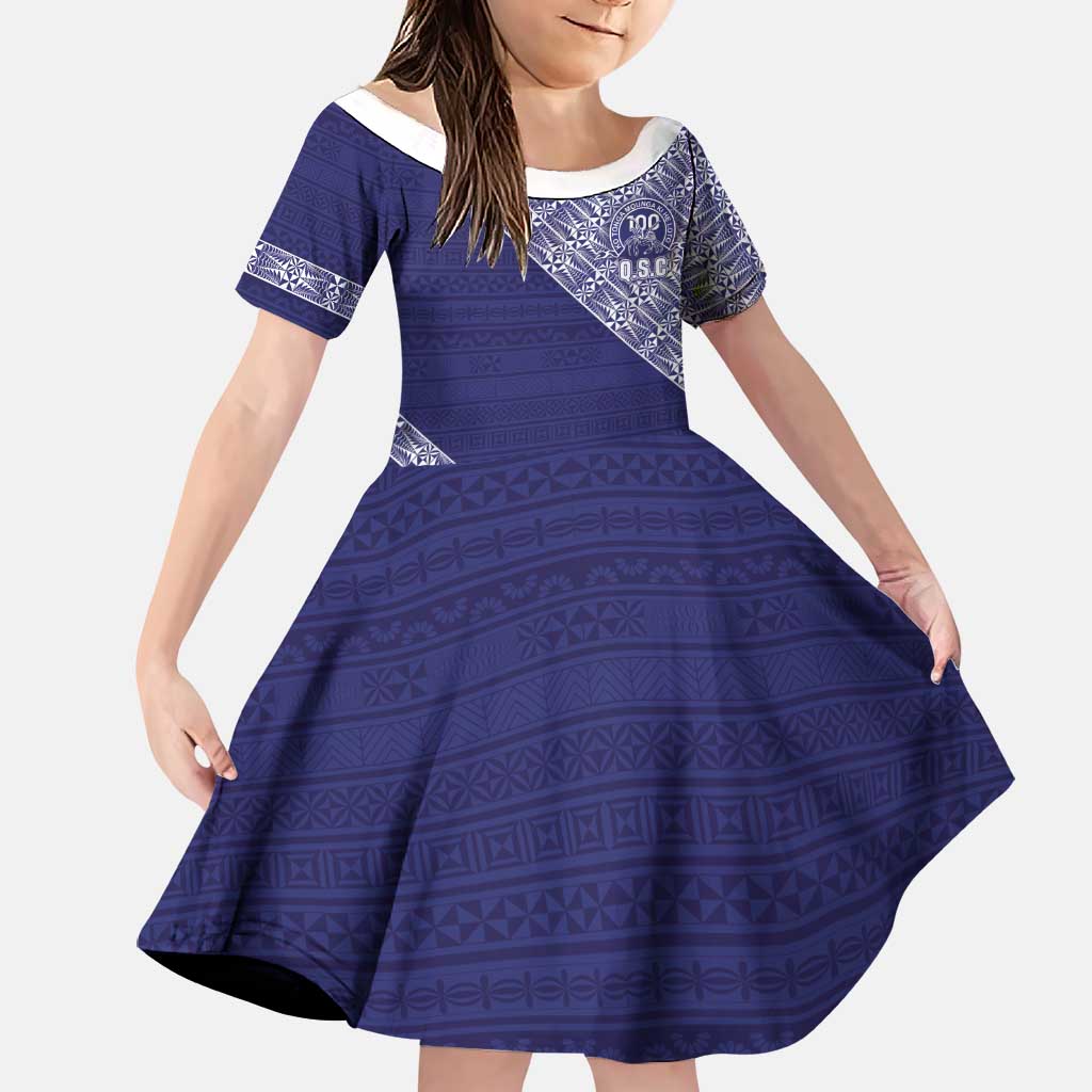 Tonga Queen Salote College Family Matching Off Shoulder Maxi Dress and Hawaiian Shirt 100 Years Anniversary Navy Color LT05 Daughter's Dress Navy - Polynesian Pride