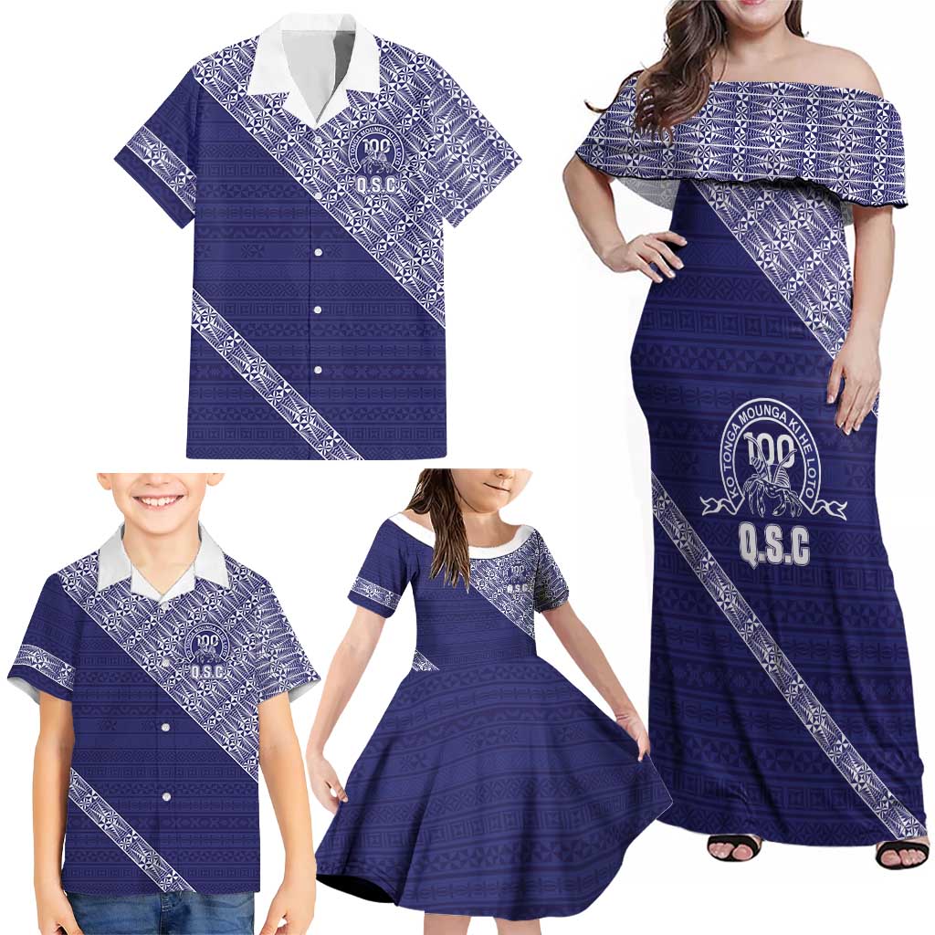 Tonga Queen Salote College Family Matching Off Shoulder Maxi Dress and Hawaiian Shirt 100 Years Anniversary Navy Color LT05 - Polynesian Pride