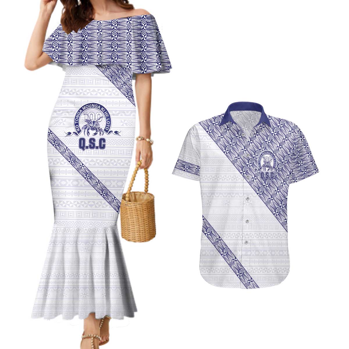 Tonga Queen Salote College Couples Matching Mermaid Dress and Hawaiian Shirt 100 Years Anniversary White Color