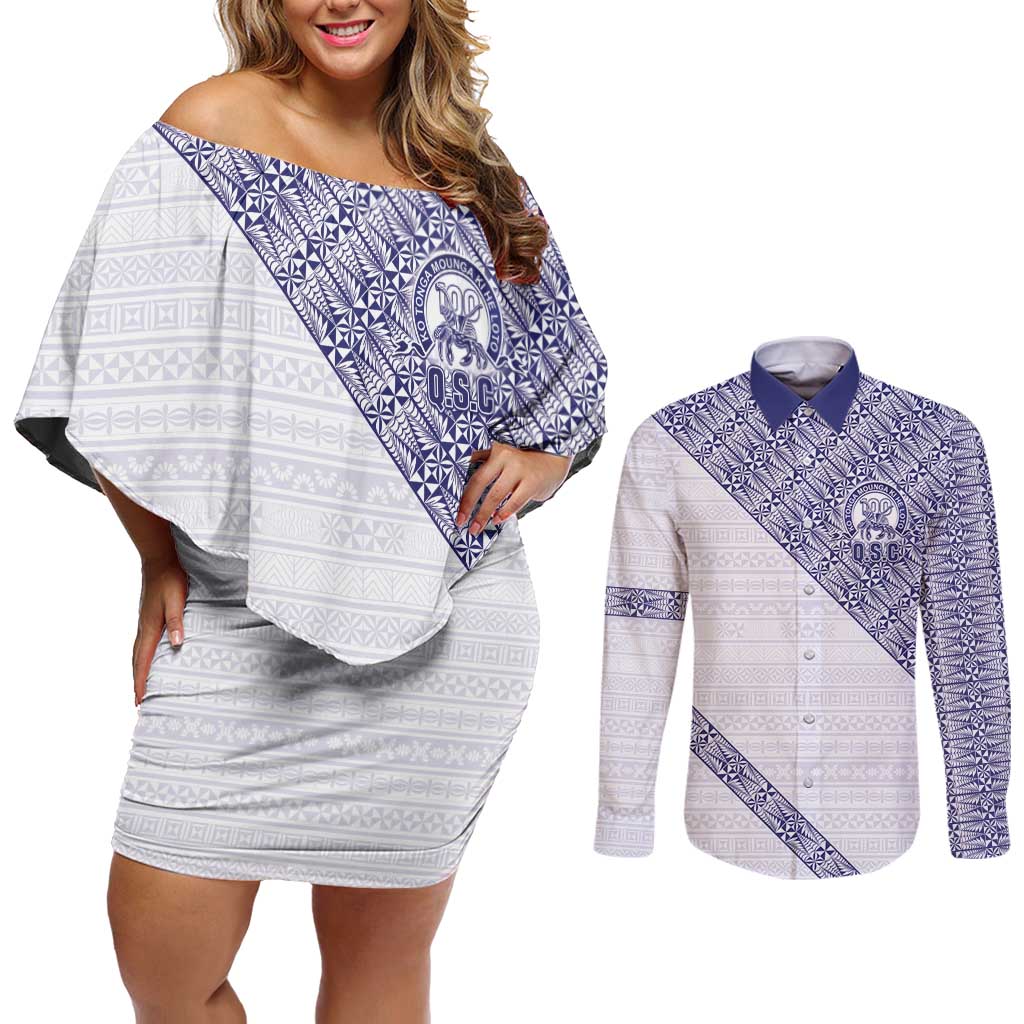 Tonga Queen Salote College Couples Matching Off Shoulder Short Dress and Long Sleeve Button Shirt 100 Years Anniversary White Color