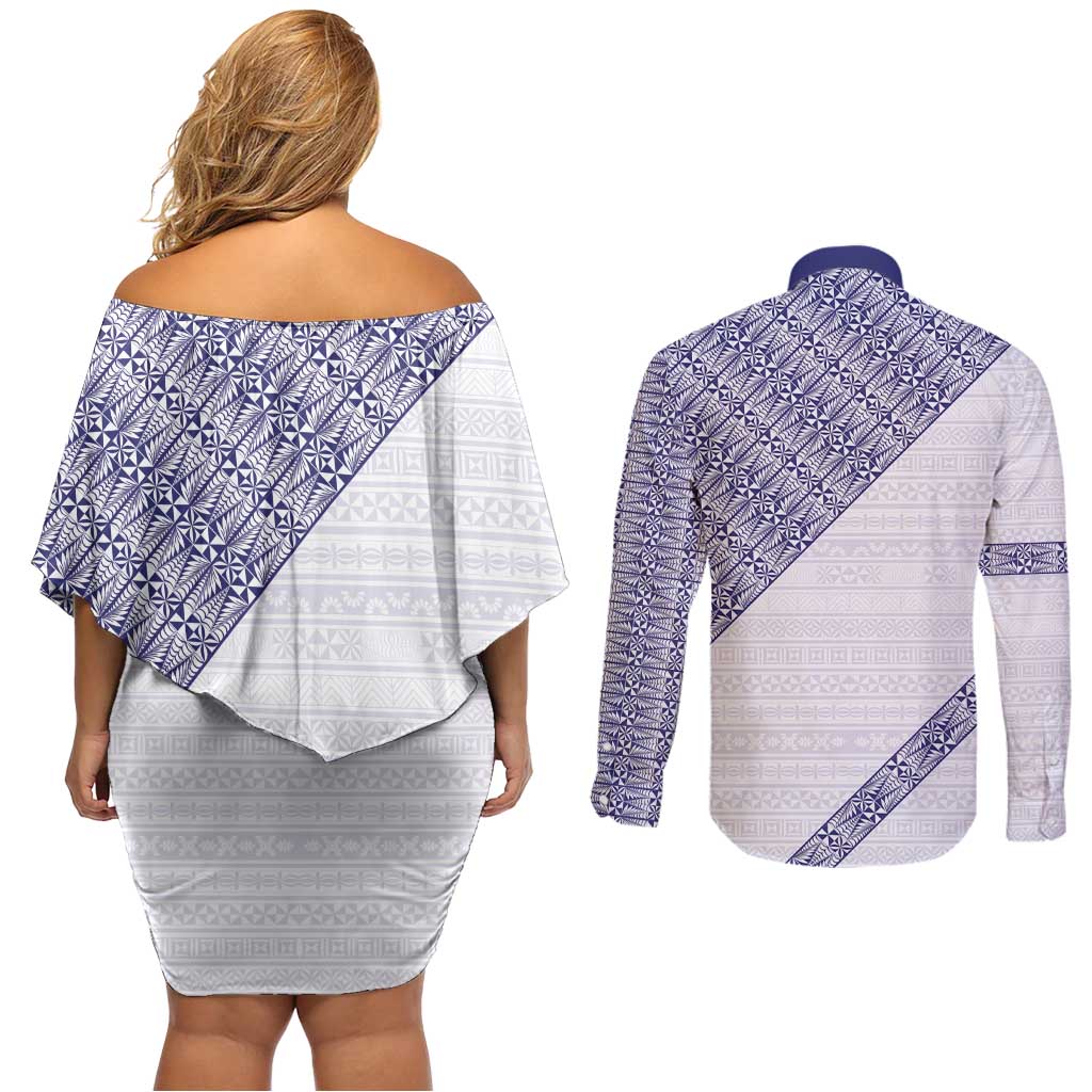 Tonga Queen Salote College Couples Matching Off Shoulder Short Dress and Long Sleeve Button Shirt 100 Years Anniversary White Color