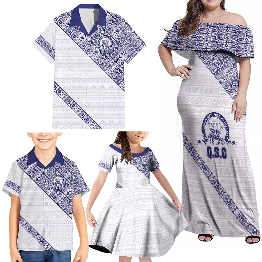 Tonga Queen Salote College Family Matching Off Shoulder Maxi Dress and Hawaiian Shirt 100 Years Anniversary White Color LT05 - Polynesian Pride
