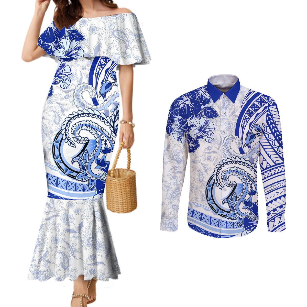 Polynesia Paisley Couples Matching Mermaid Dress and Long Sleeve Button Shirt Mix Navy Polynesian Pattern LT05 Navy - Polynesian Pride