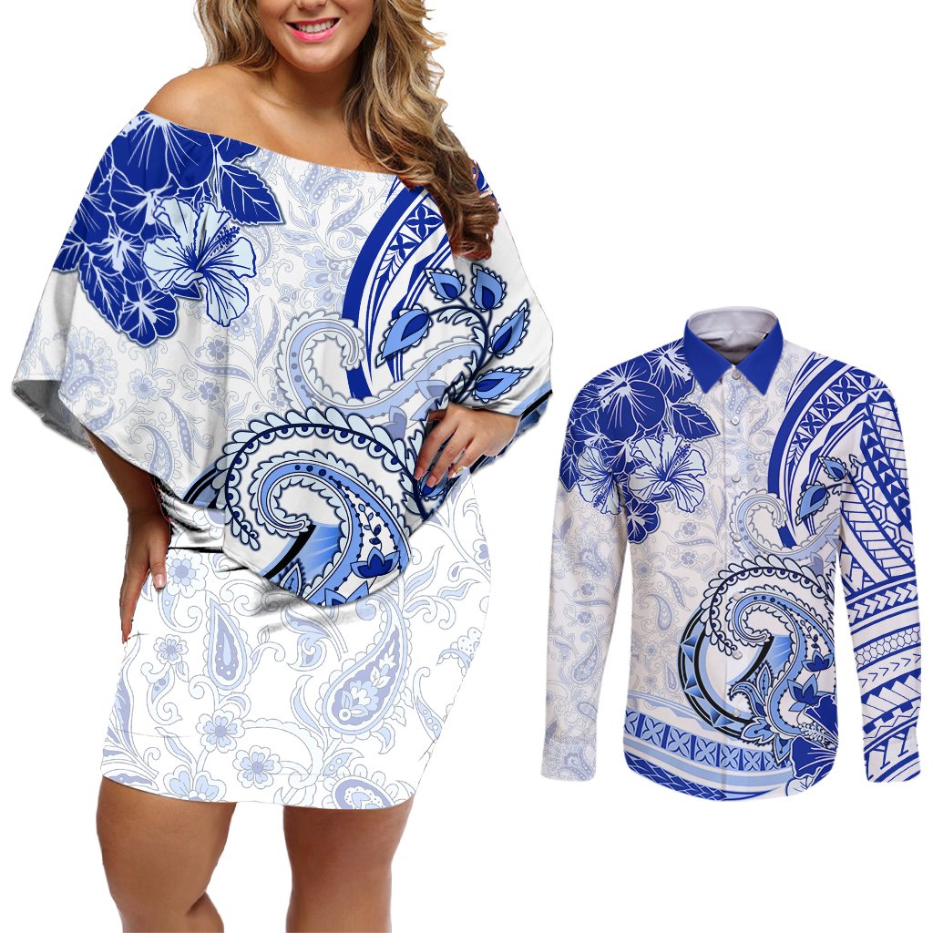 Polynesia Paisley Couples Matching Off Shoulder Short Dress and Long Sleeve Button Shirt Mix Navy Polynesian Pattern LT05 Navy - Polynesian Pride