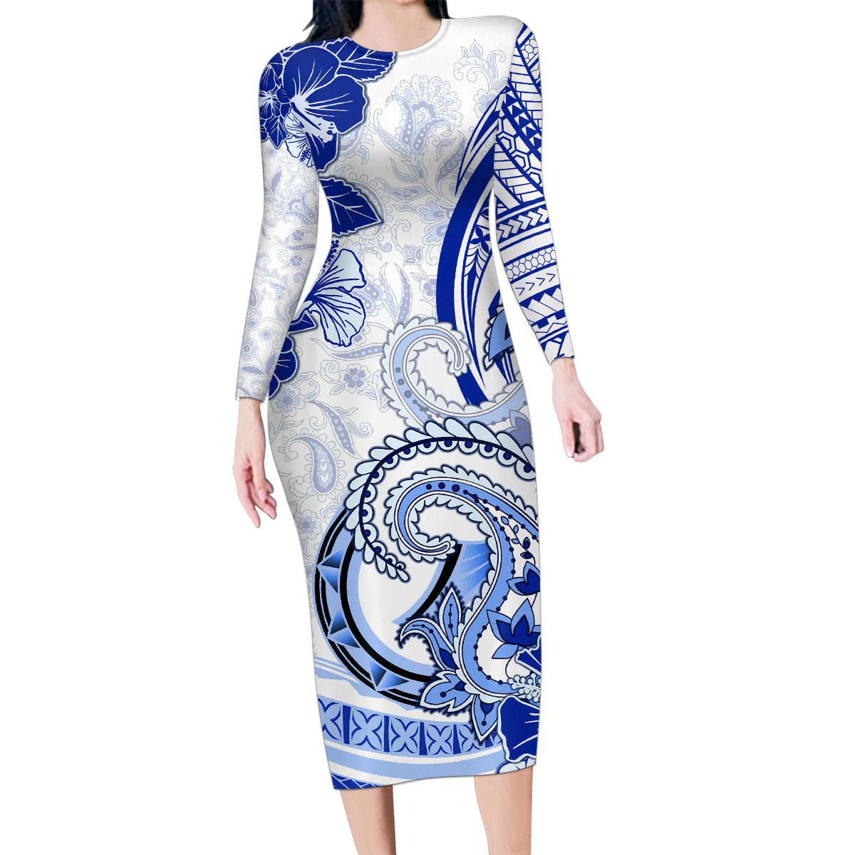 Polynesia Paisley Family Matching Long Sleeve Bodycon Dress and Hawaiian Shirt Mix Navy Polynesian Pattern LT05 Mom's Dress Navy - Polynesian Pride