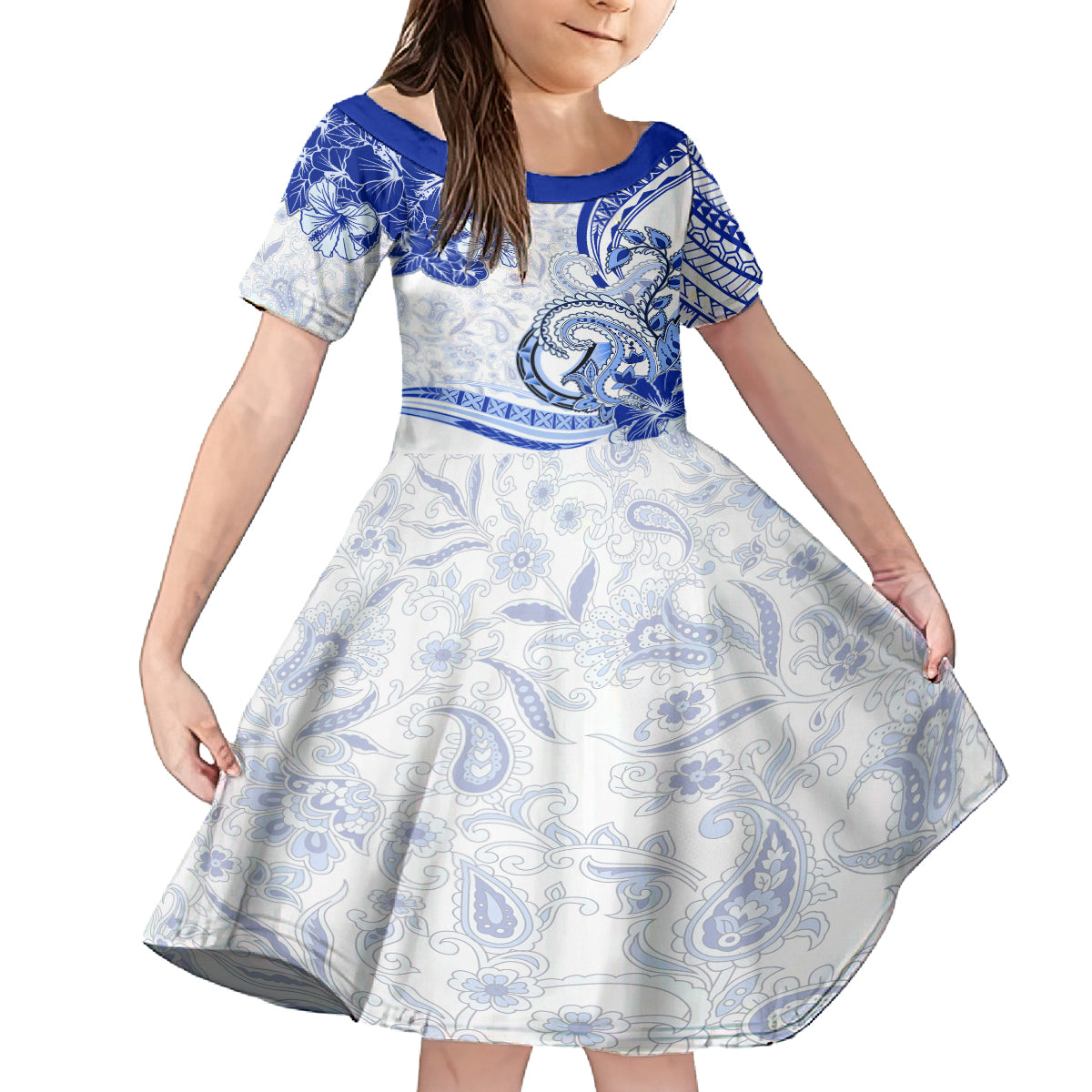 Polynesia Paisley Family Matching Off Shoulder Short Dress and Hawaiian Shirt Mix Navy Polynesian Pattern LT05 Daughter's Dress Navy - Polynesian Pride