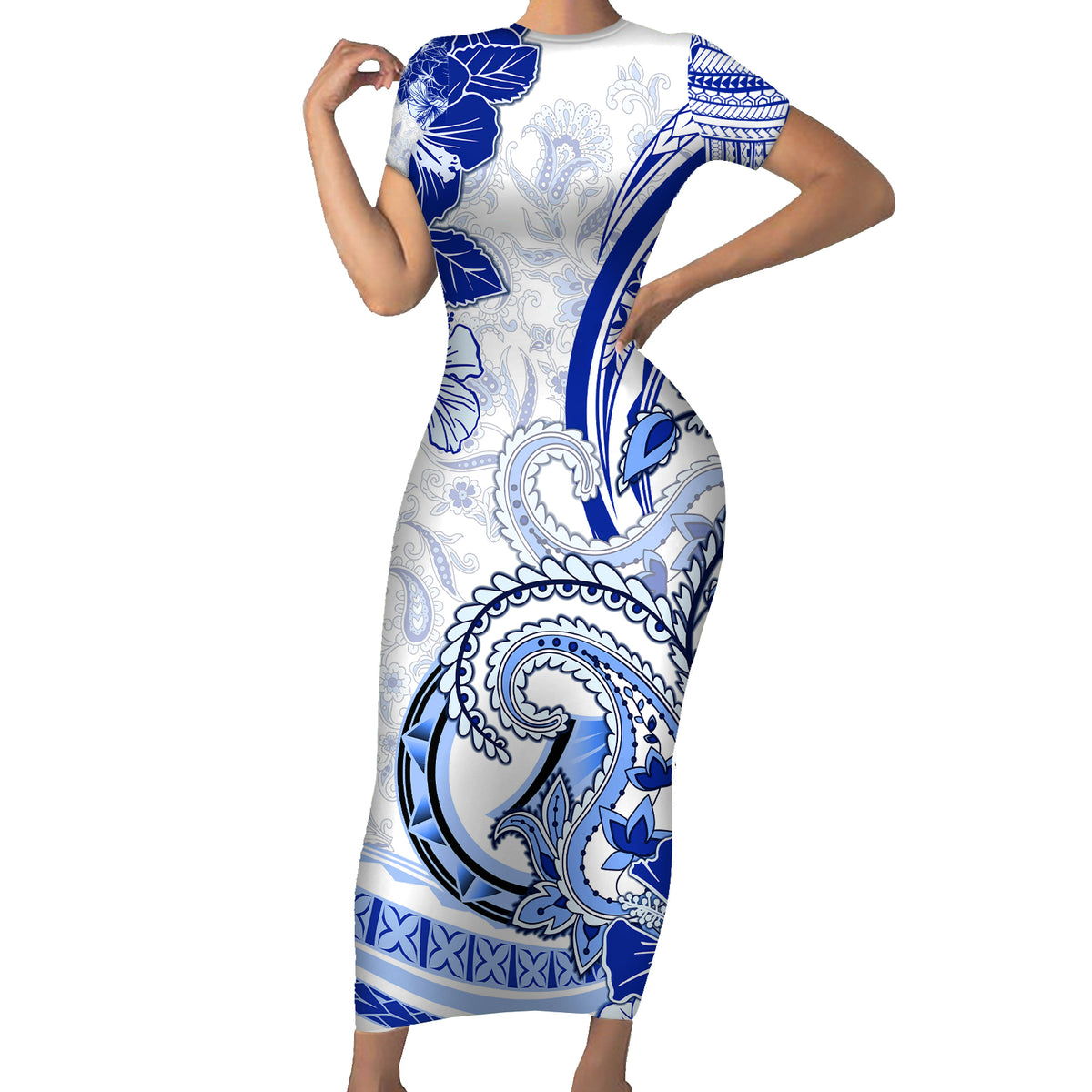 Polynesia Paisley Family Matching Short Sleeve Bodycon Dress and Hawaiian Shirt Mix Navy Polynesian Pattern LT05 Mom's Dress Navy - Polynesian Pride