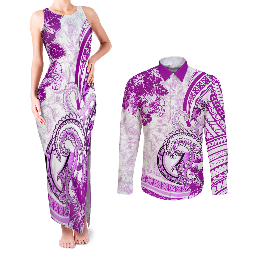 Polynesia Paisley Couples Matching Tank Maxi Dress and Long Sleeve Button Shirt Mix Pink Polynesian Pattern LT05 Pink - Polynesian Pride