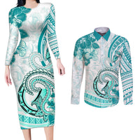 Polynesia Paisley Couples Matching Long Sleeve Bodycon Dress and Long Sleeve Button Shirt Mix Teal Polynesian Pattern LT05 Teal - Polynesian Pride