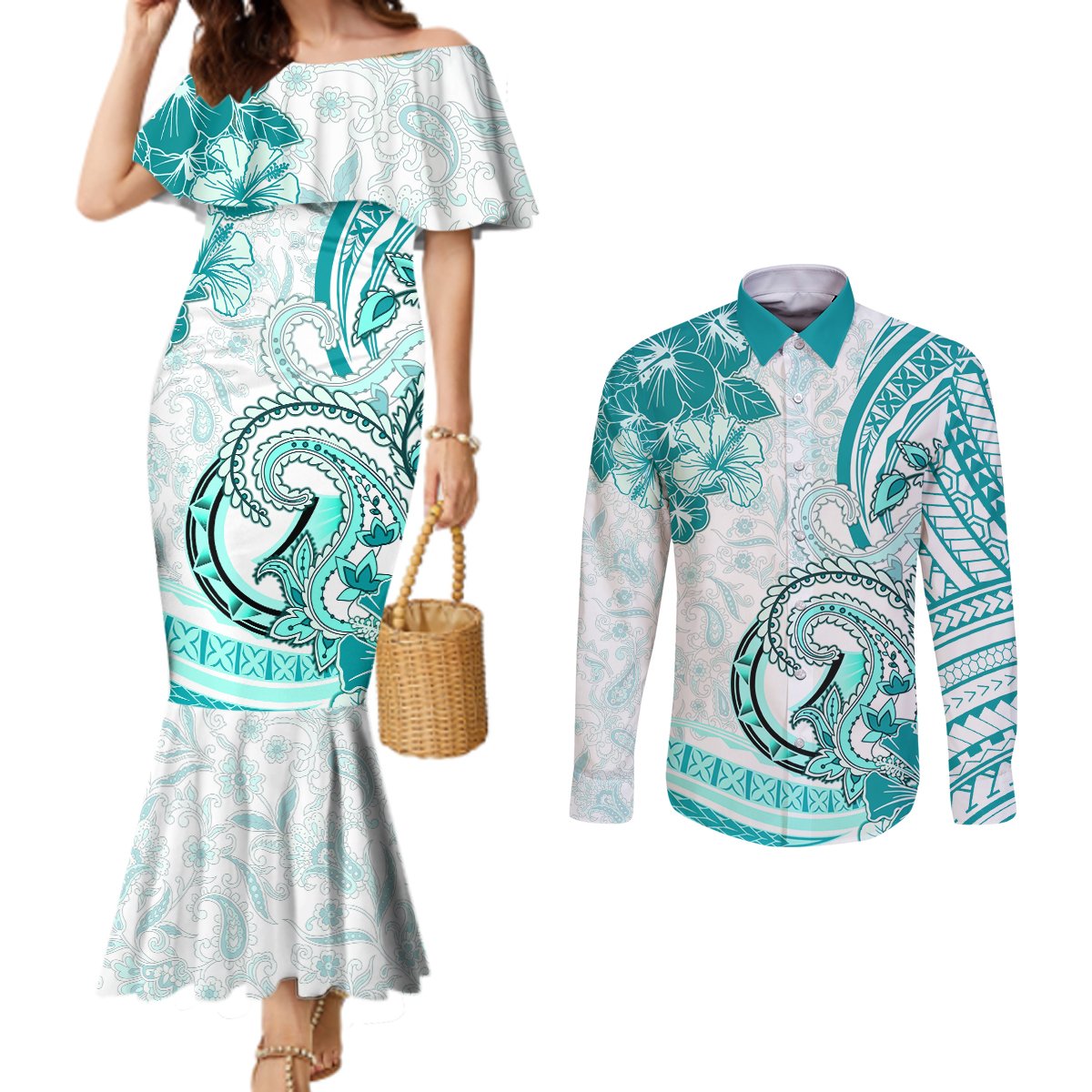 Polynesia Paisley Couples Matching Mermaid Dress and Long Sleeve Button Shirt Mix Teal Polynesian Pattern LT05 Teal - Polynesian Pride