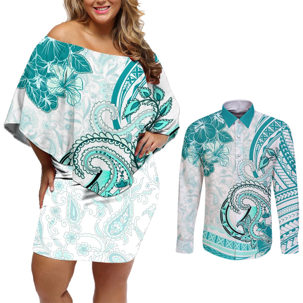 Polynesia Paisley Couples Matching Off Shoulder Short Dress and Long Sleeve Button Shirt Mix Teal Polynesian Pattern LT05 Teal - Polynesian Pride