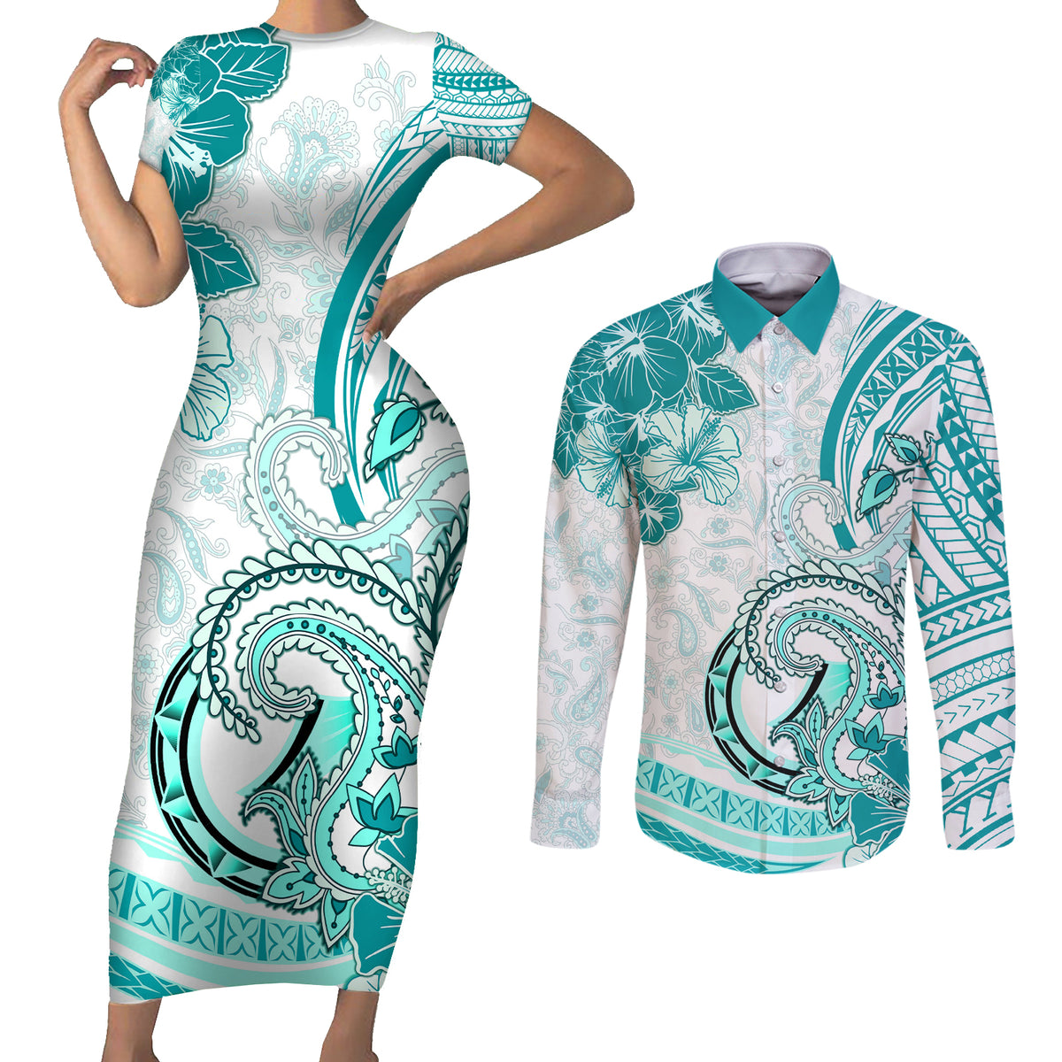 Polynesia Paisley Couples Matching Short Sleeve Bodycon Dress and Long Sleeve Button Shirt Mix Teal Polynesian Pattern LT05 Teal - Polynesian Pride