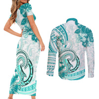 Polynesia Paisley Couples Matching Short Sleeve Bodycon Dress and Long Sleeve Button Shirt Mix Teal Polynesian Pattern LT05 - Polynesian Pride