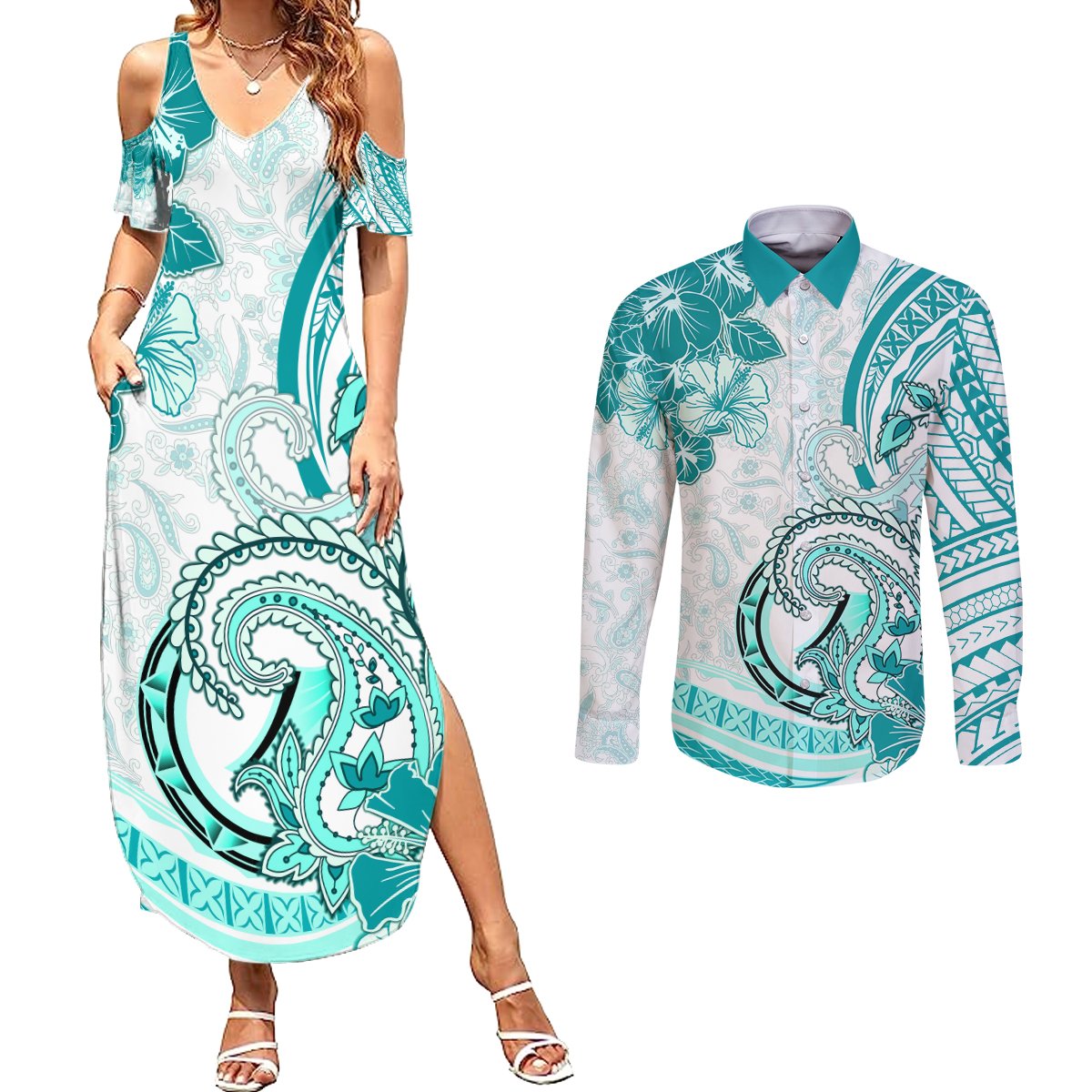 Polynesia Paisley Couples Matching Summer Maxi Dress and Long Sleeve Button Shirt Mix Teal Polynesian Pattern LT05 Teal - Polynesian Pride
