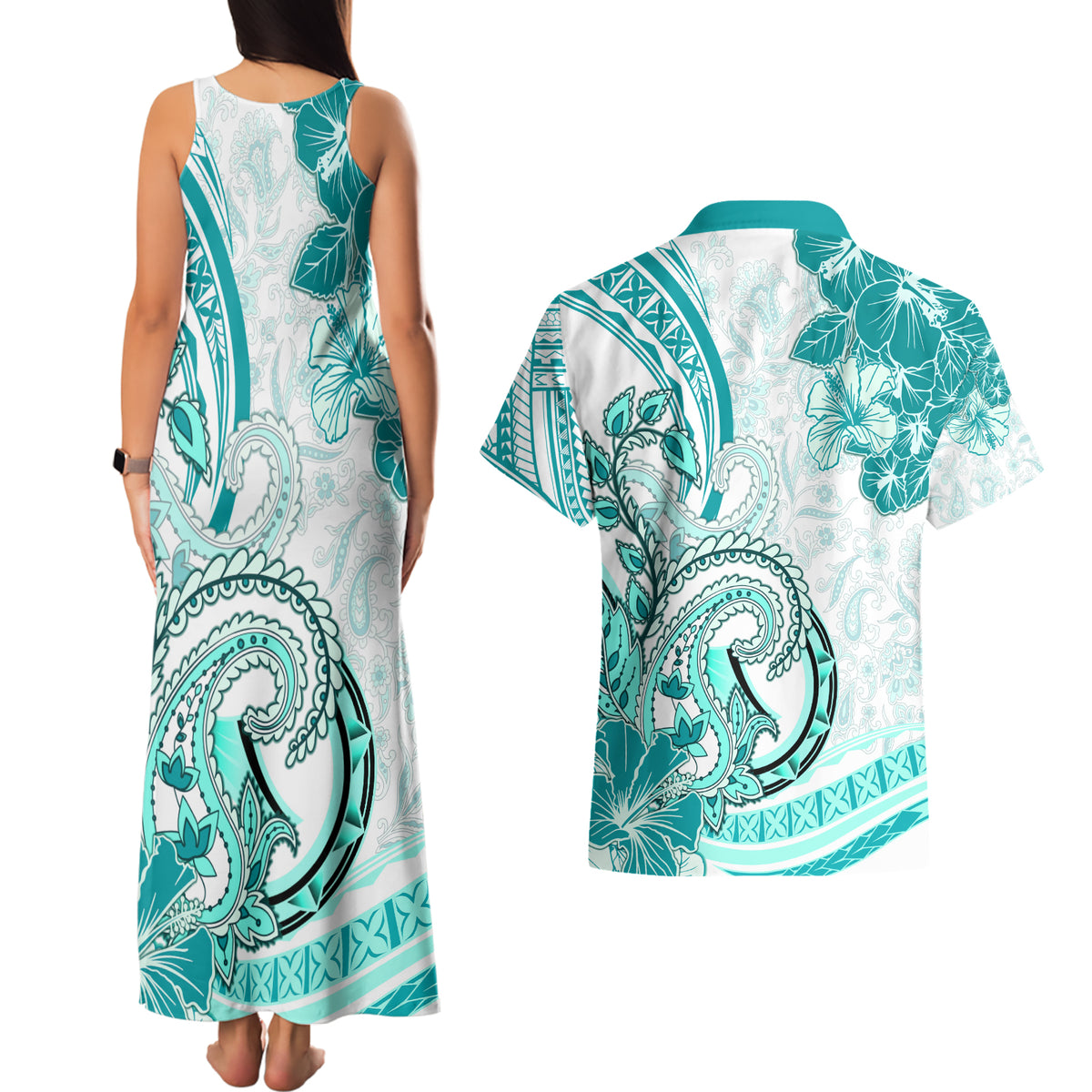 Polynesia Paisley Couples Matching Tank Maxi Dress and Hawaiian Shirt Mix Teal Polynesian Pattern LT05 - Polynesian Pride