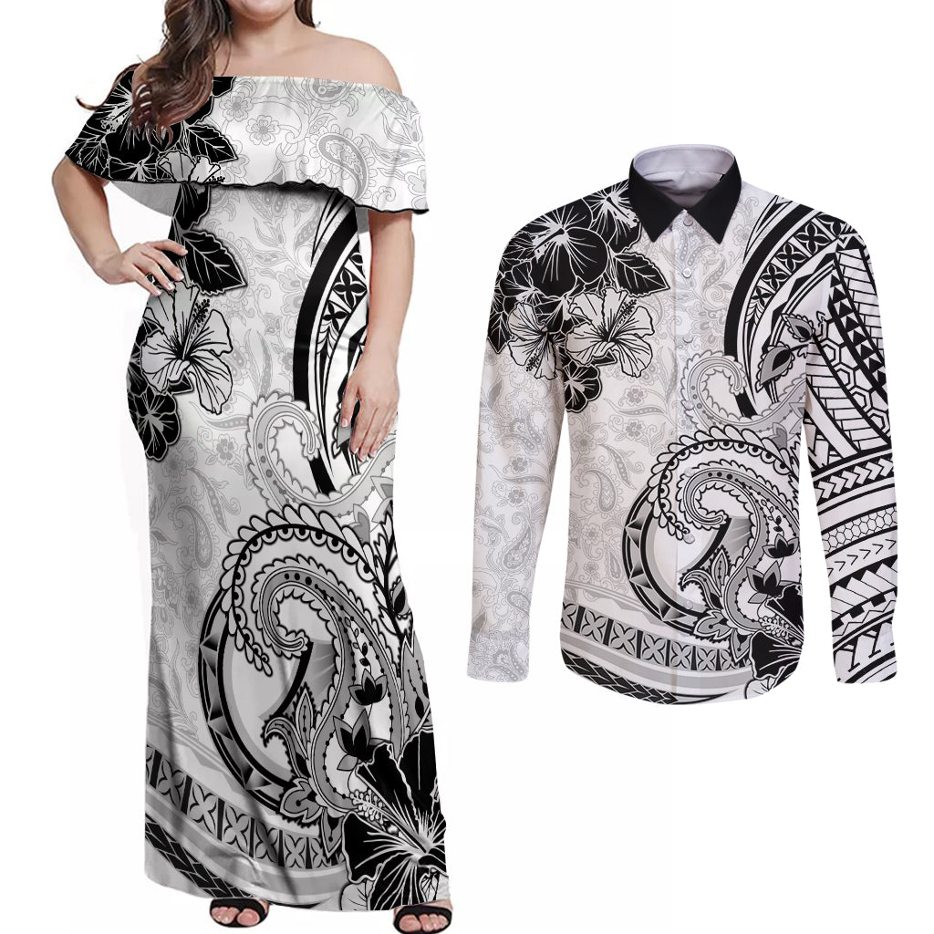 Polynesia Paisley Couples Matching Off Shoulder Maxi Dress and Long Sleeve Button Shirt Mix White Polynesian Pattern LT05 White - Polynesian Pride