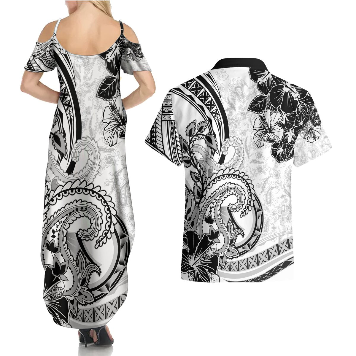 Polynesia Paisley Couples Matching Summer Maxi Dress and Hawaiian Shirt Mix White Polynesian Pattern LT05 - Polynesian Pride