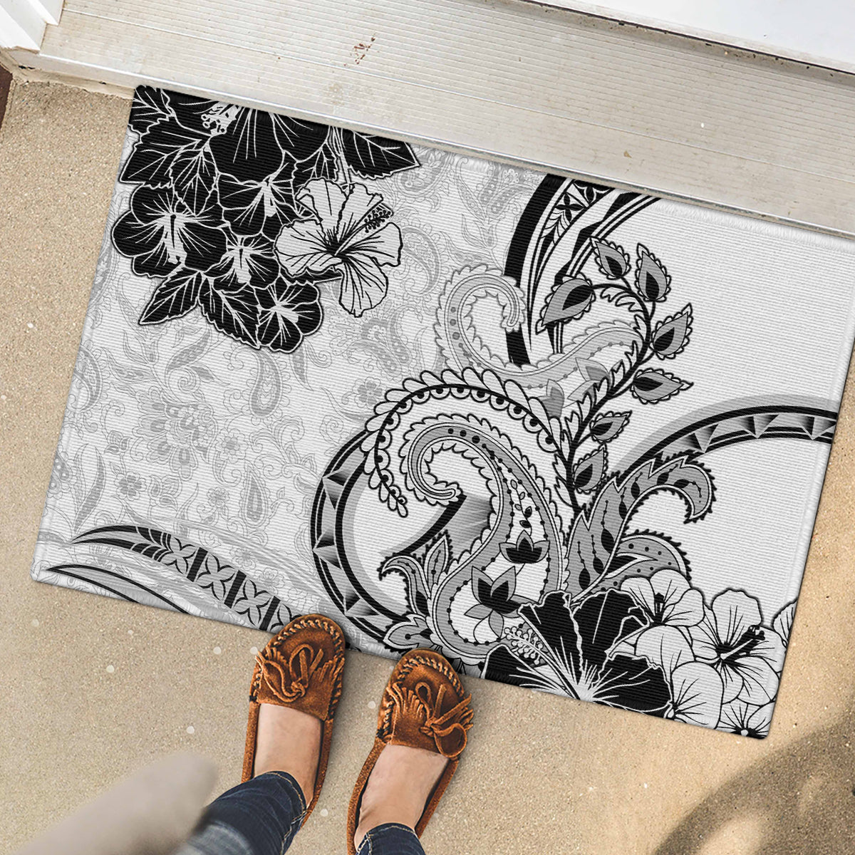 Polynesia Paisley Rubber Doormat Mix White Polynesian Pattern