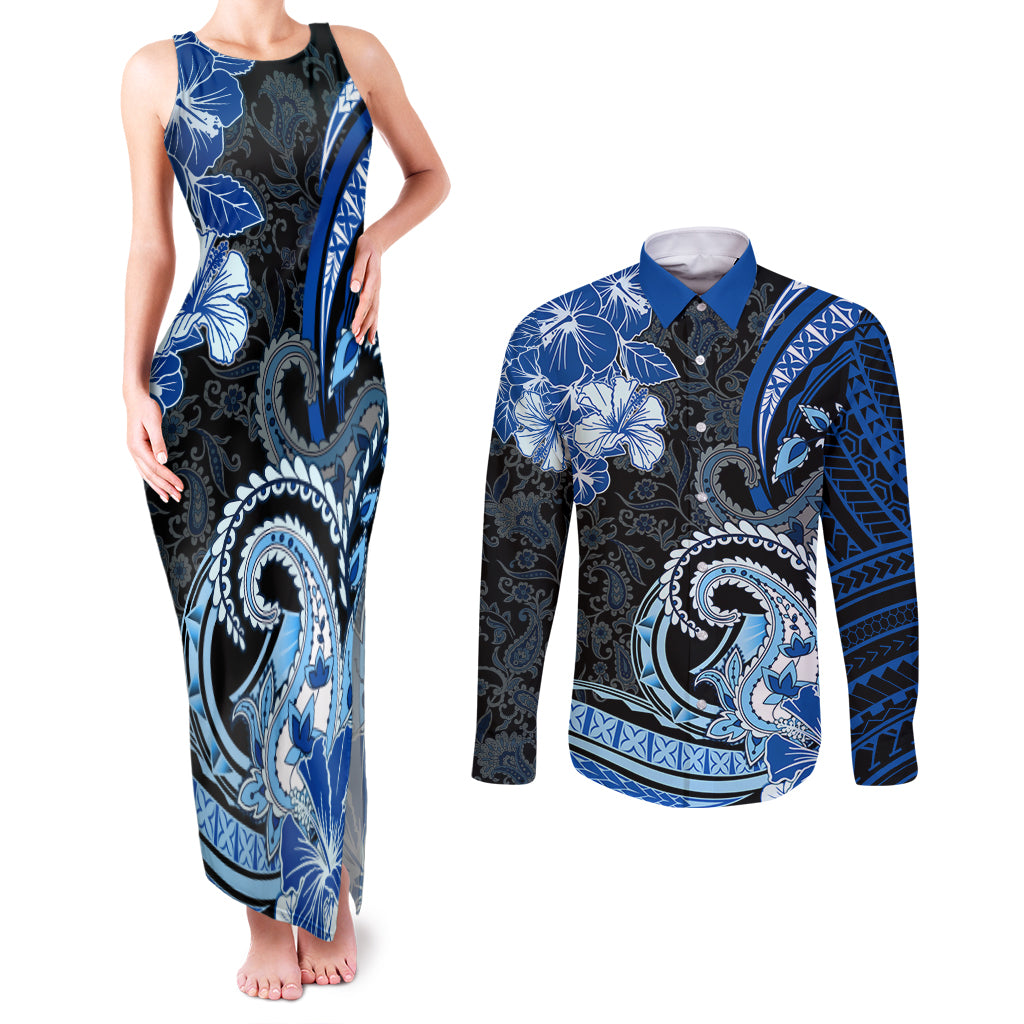 Polynesia Paisley Couples Matching Tank Maxi Dress and Long Sleeve Button Shirt Mix Blue Polynesian Pattern LT05 Blue - Polynesian Pride
