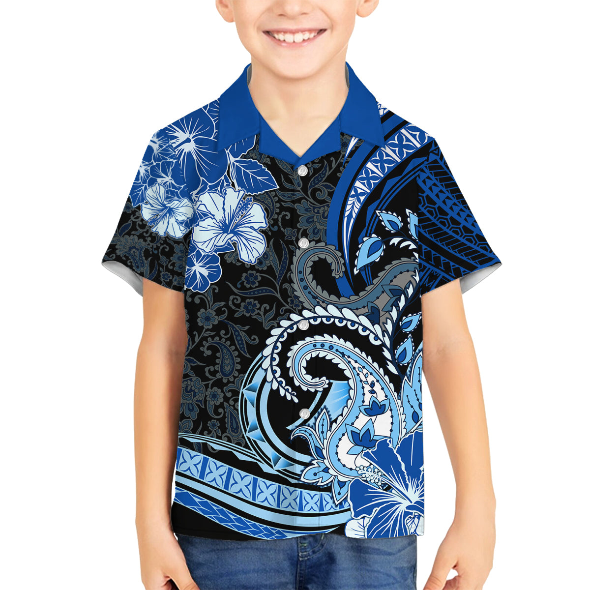 Polynesia Paisley Family Matching Off Shoulder Long Sleeve Dress and Hawaiian Shirt Mix Blue Polynesian Pattern LT05 Son's Shirt Blue - Polynesian Pride