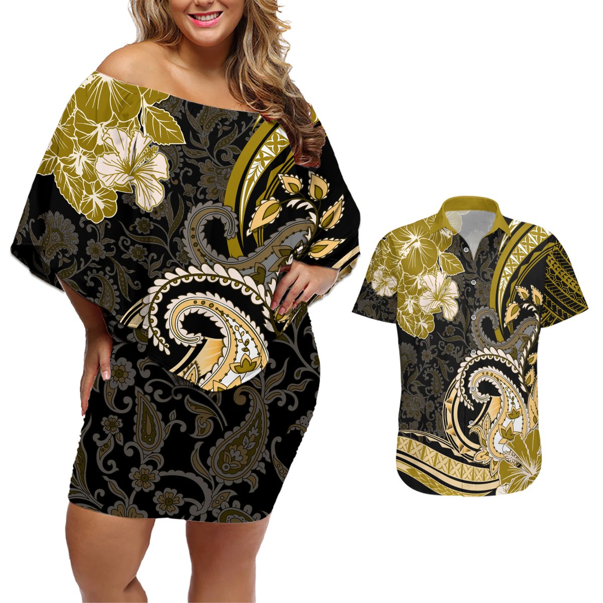 Polynesia Paisley Couples Matching Off Shoulder Short Dress and Hawaiian Shirt Mix Gold Polynesian Pattern LT05 Gold - Polynesian Pride