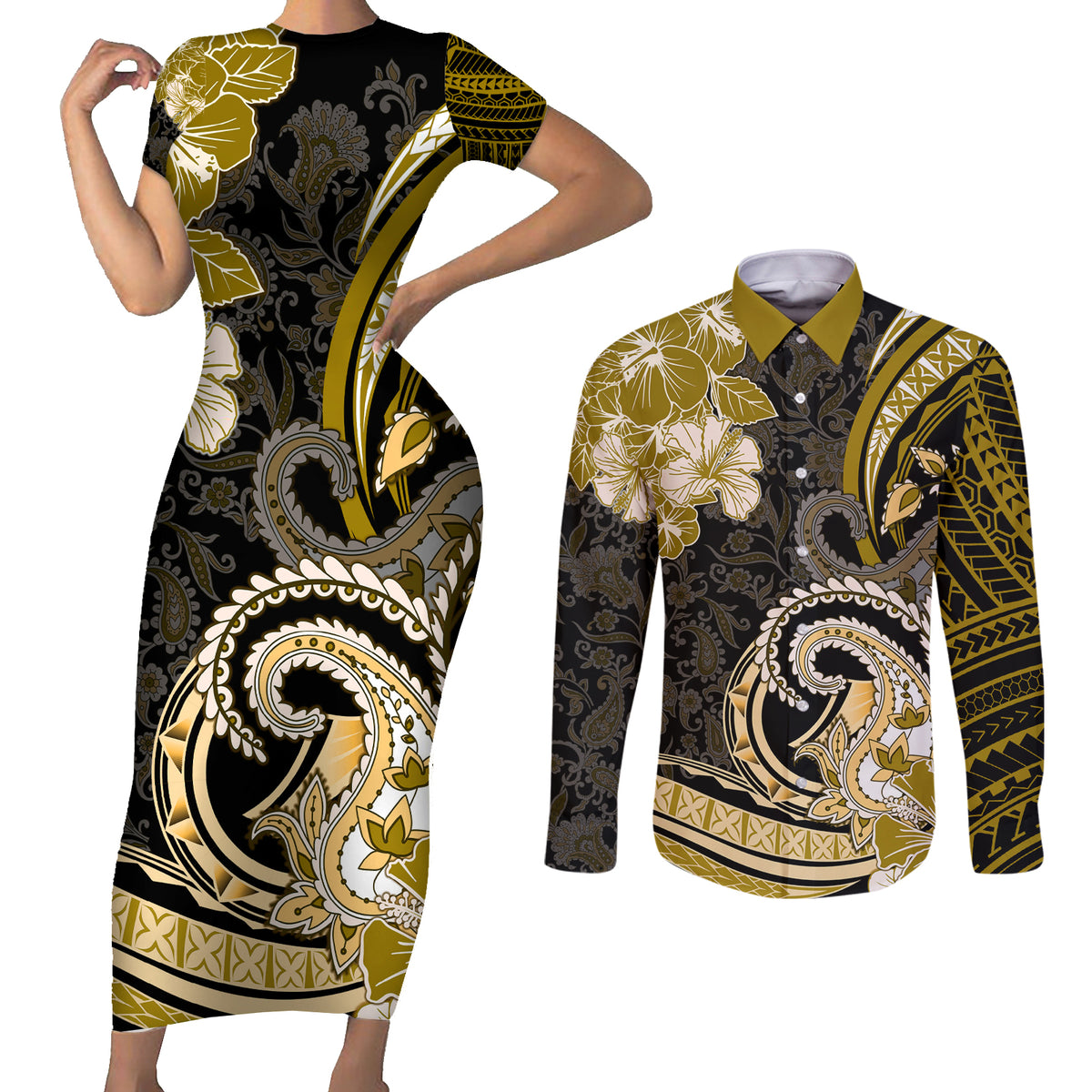 Polynesia Paisley Couples Matching Short Sleeve Bodycon Dress and Long Sleeve Button Shirt Mix Gold Polynesian Pattern LT05 Gold - Polynesian Pride