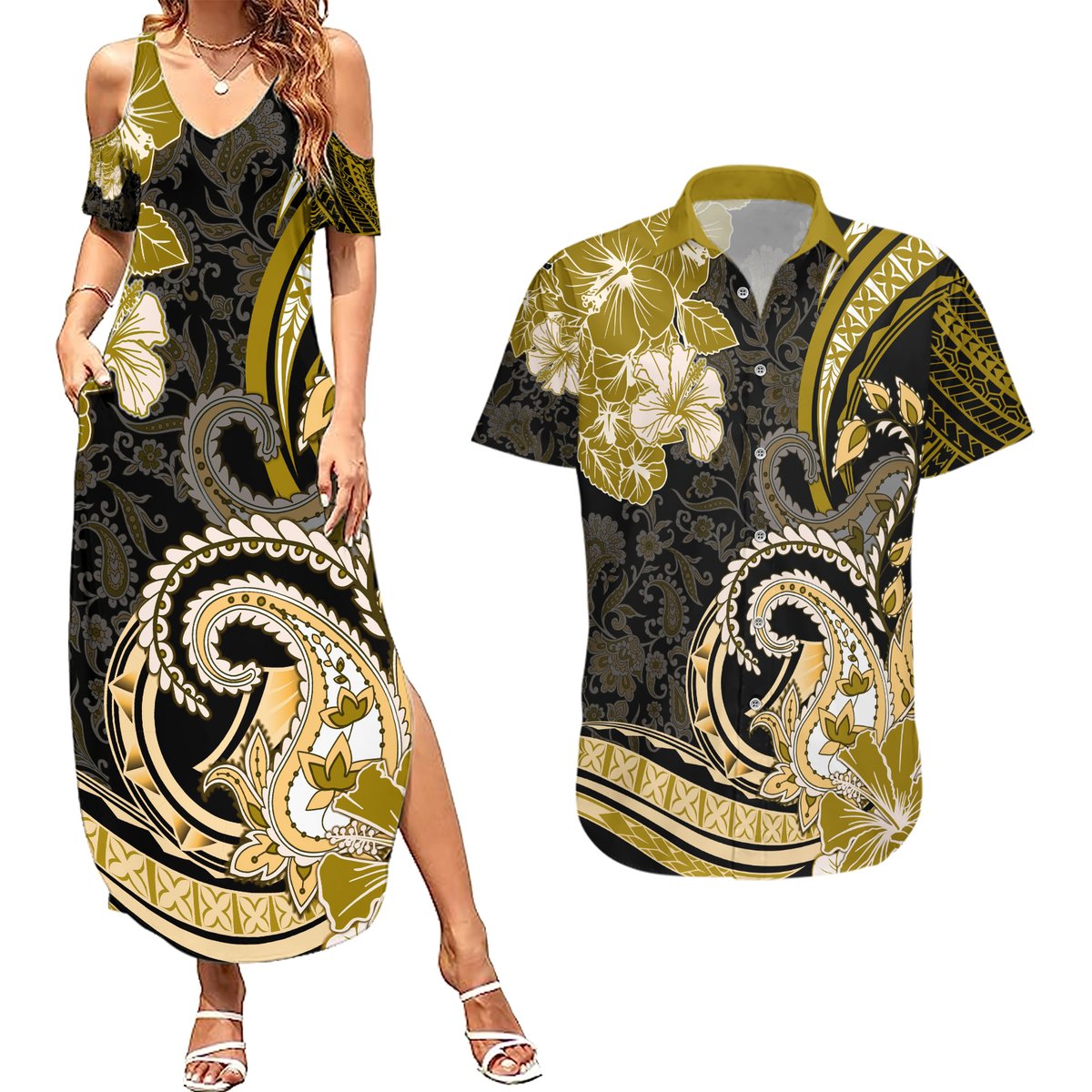 Polynesia Paisley Couples Matching Summer Maxi Dress and Hawaiian Shirt Mix Gold Polynesian Pattern LT05 Gold - Polynesian Pride
