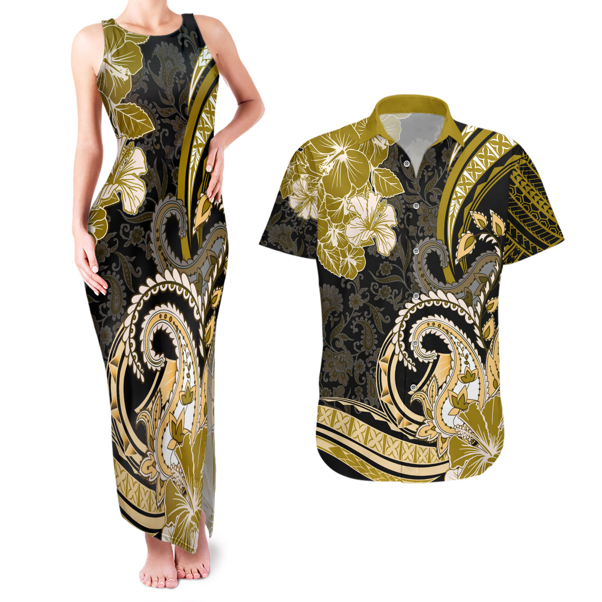 Polynesia Paisley Couples Matching Tank Maxi Dress and Hawaiian Shirt Mix Gold Polynesian Pattern LT05 Gold - Polynesian Pride