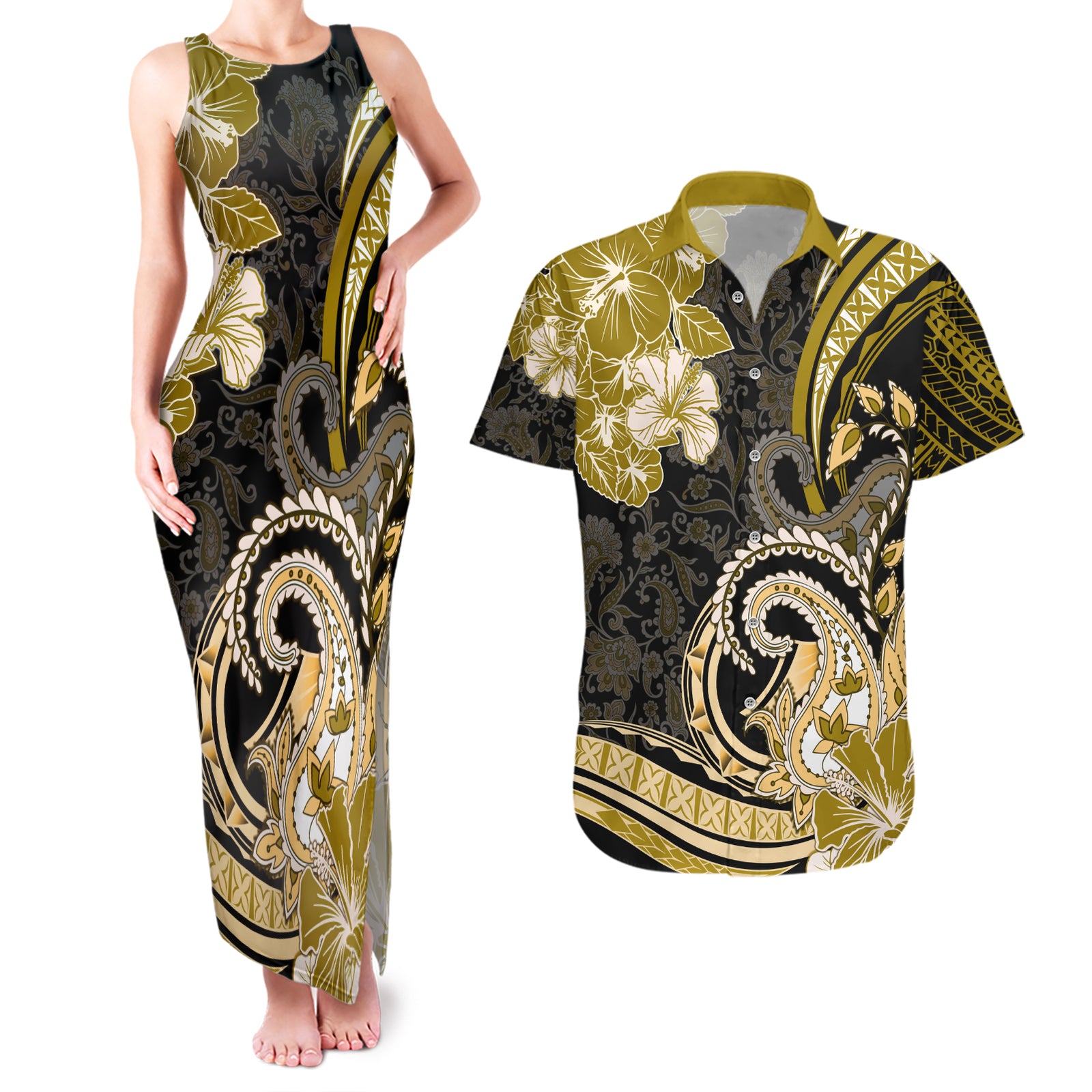 Polynesia Paisley Couples Matching Tank Maxi Dress and Hawaiian Shirt Mix Gold Polynesian Pattern LT05 Gold - Polynesian Pride