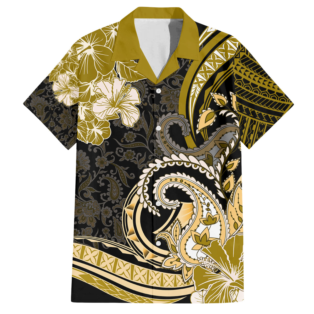 Polynesia Paisley Family Matching Off Shoulder Short Dress and Hawaiian Shirt Mix Gold Polynesian Pattern LT05 Dad's Shirt - Short Sleeve Gold - Polynesian Pride