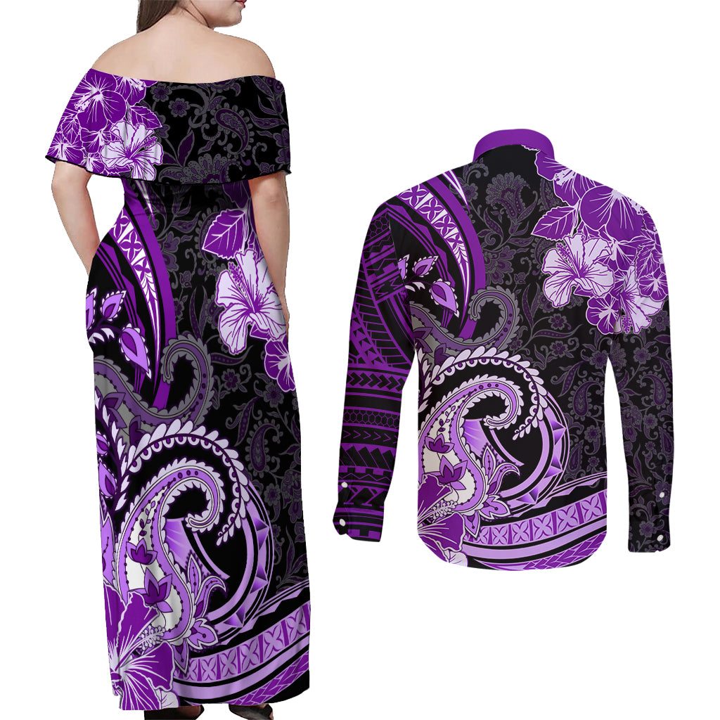 Polynesia Paisley Couples Matching Off Shoulder Maxi Dress and Long Sleeve Button Shirt Mix Purple Polynesian Pattern LT05 - Polynesian Pride
