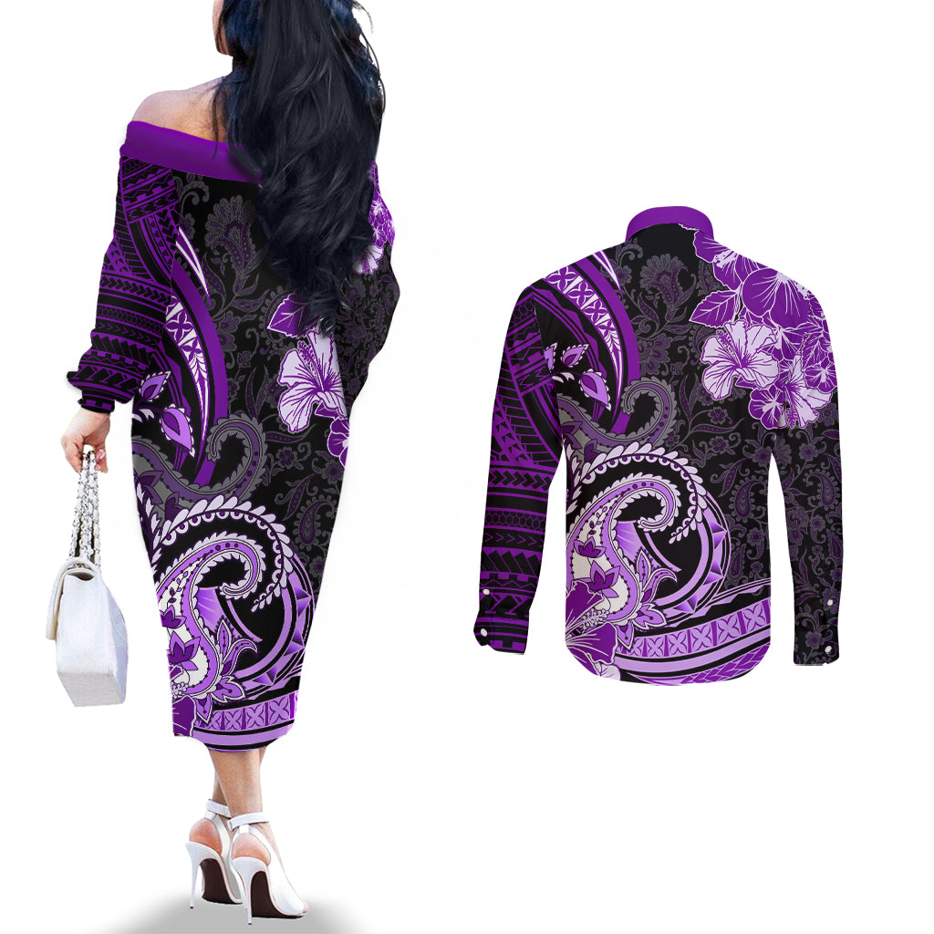Polynesia Paisley Couples Matching Off The Shoulder Long Sleeve Dress and Long Sleeve Button Shirt Mix Purple Polynesian Pattern LT05 - Polynesian Pride