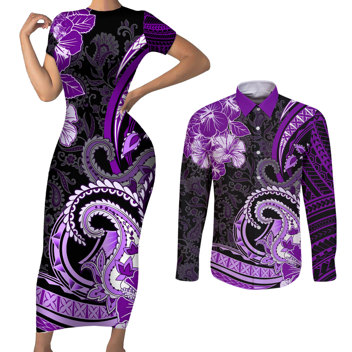 Polynesia Paisley Couples Matching Short Sleeve Bodycon Dress and Long Sleeve Button Shirt Mix Purple Polynesian Pattern LT05 Purple - Polynesian Pride
