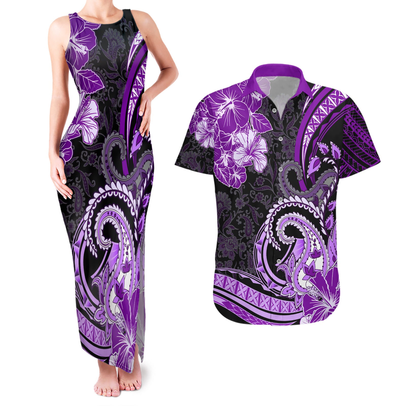 Polynesia Paisley Couples Matching Tank Maxi Dress and Hawaiian Shirt Mix Purple Polynesian Pattern LT05 Purple - Polynesian Pride