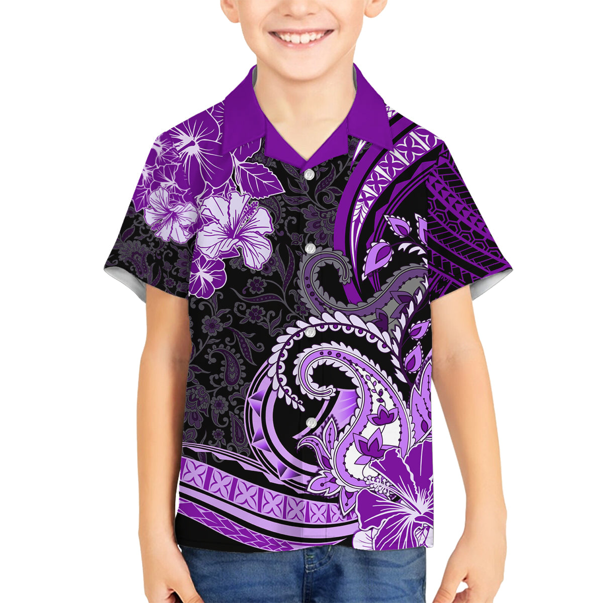 Polynesia Paisley Family Matching Off Shoulder Long Sleeve Dress and Hawaiian Shirt Mix Purple Polynesian Pattern LT05 Son's Shirt Purple - Polynesian Pride