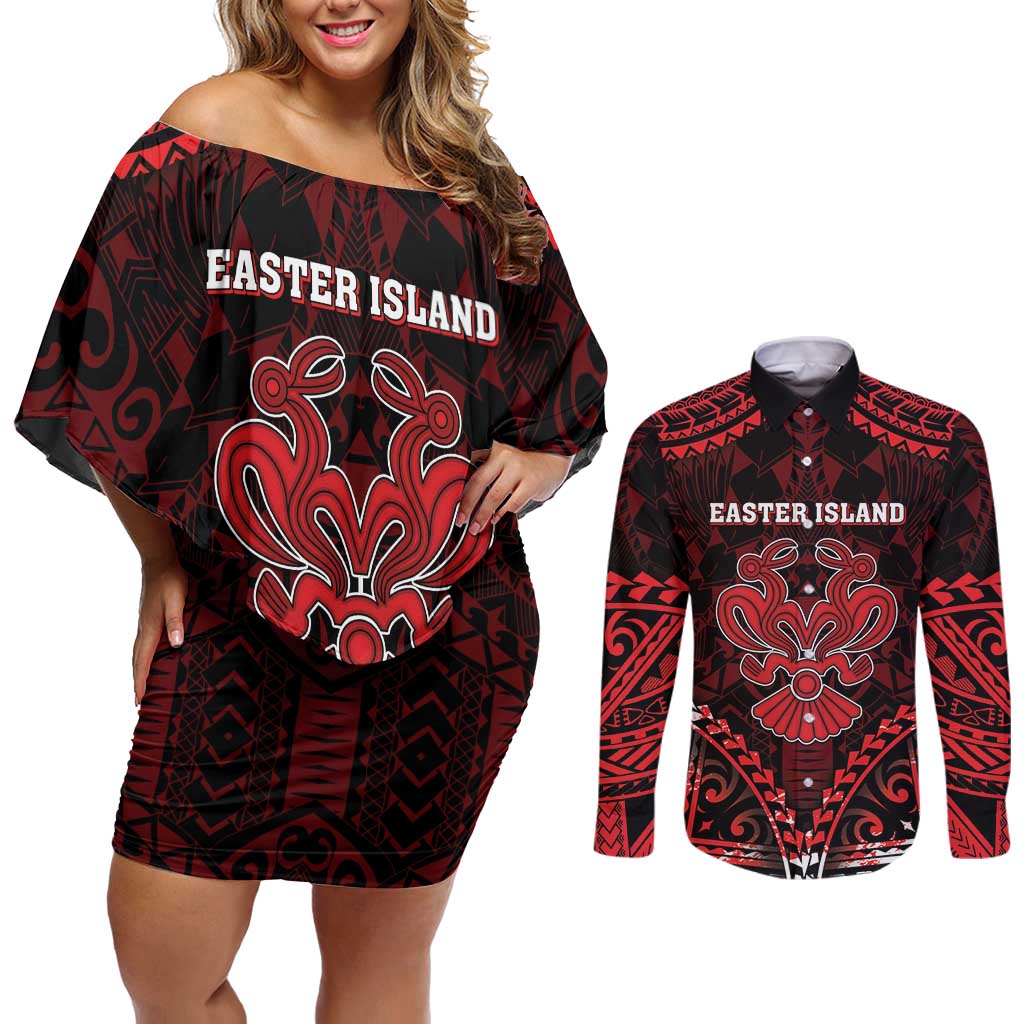 Personalised Easter Island Couples Matching Off Shoulder Short Dress and Long Sleeve Button Shirt Polynesian Pattern Emblem