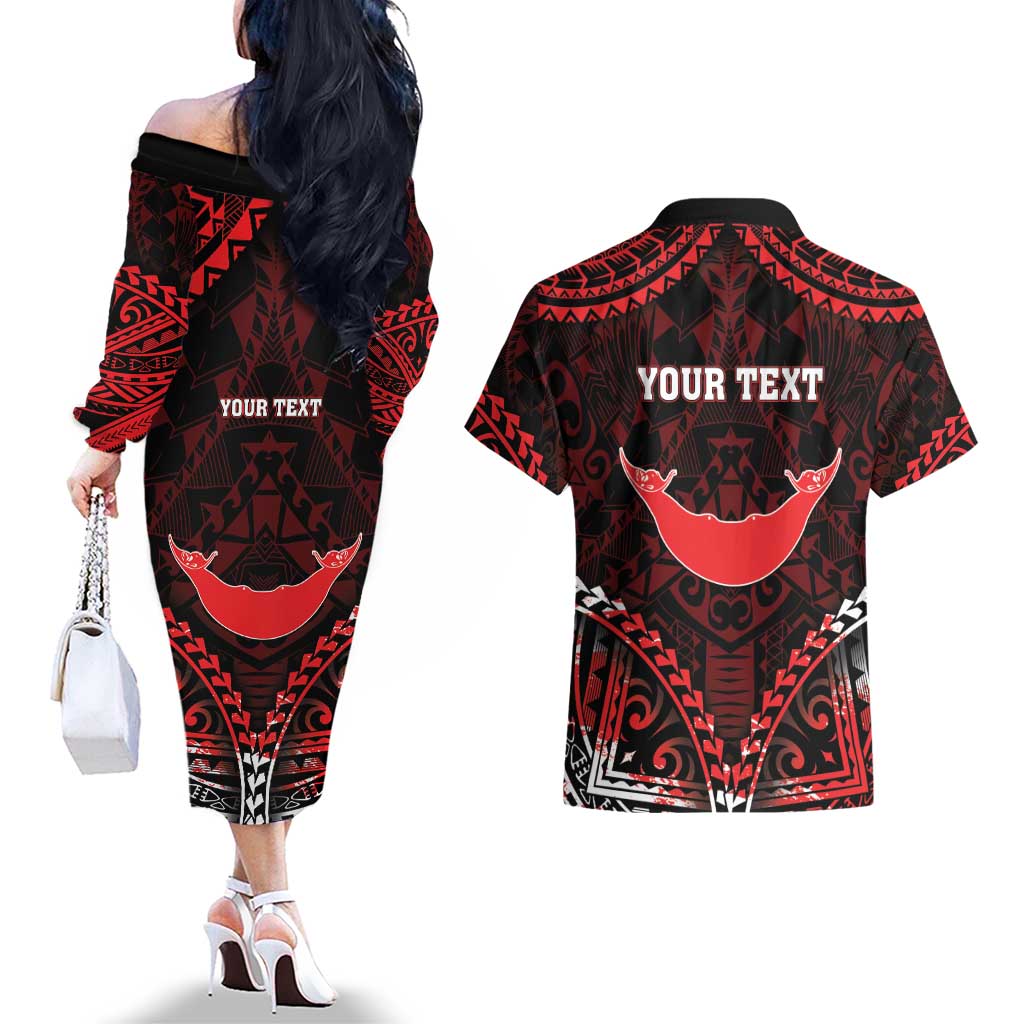 Personalised Easter Island Couples Matching Off The Shoulder Long Sleeve Dress and Hawaiian Shirt Polynesian Pattern Emblem