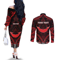 Personalised Easter Island Couples Matching Off The Shoulder Long Sleeve Dress and Long Sleeve Button Shirt Polynesian Pattern Emblem