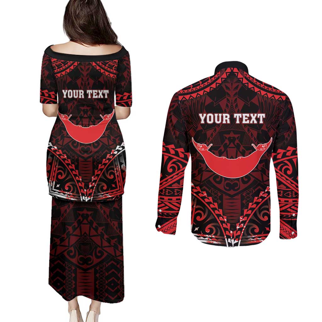 Personalised Easter Island Couples Matching Puletasi and Long Sleeve Button Shirt Polynesian Pattern Emblem