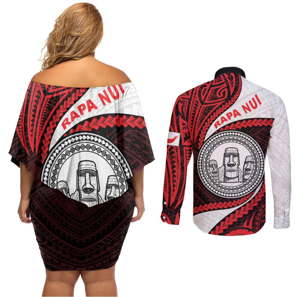 Easter Island Couples Matching Off Shoulder Short Dress and Long Sleeve Button Shirt Moai Statues Polynesian Style