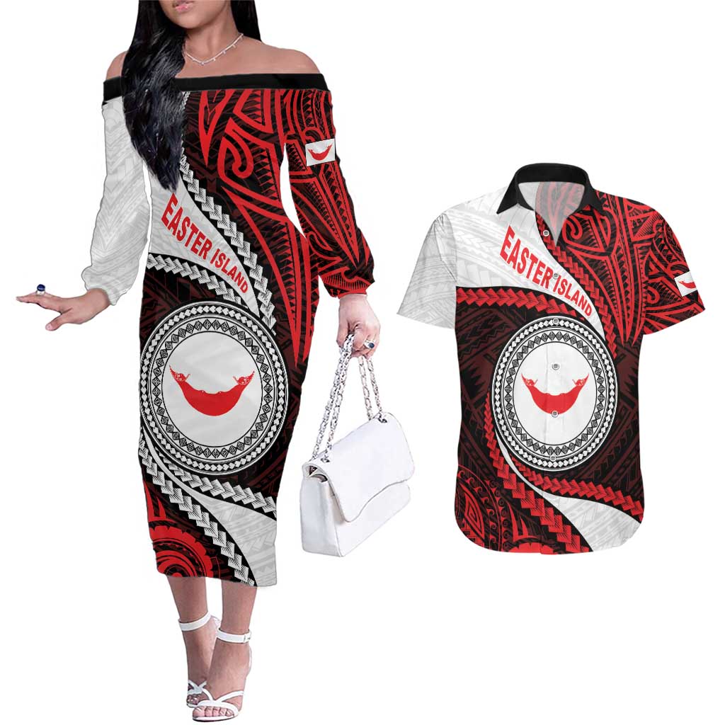 Easter Island Couples Matching Off The Shoulder Long Sleeve Dress and Hawaiian Shirt Moai Statues Polynesian Style