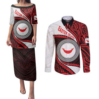 Easter Island Couples Matching Puletasi and Long Sleeve Button Shirt Moai Statues Polynesian Style